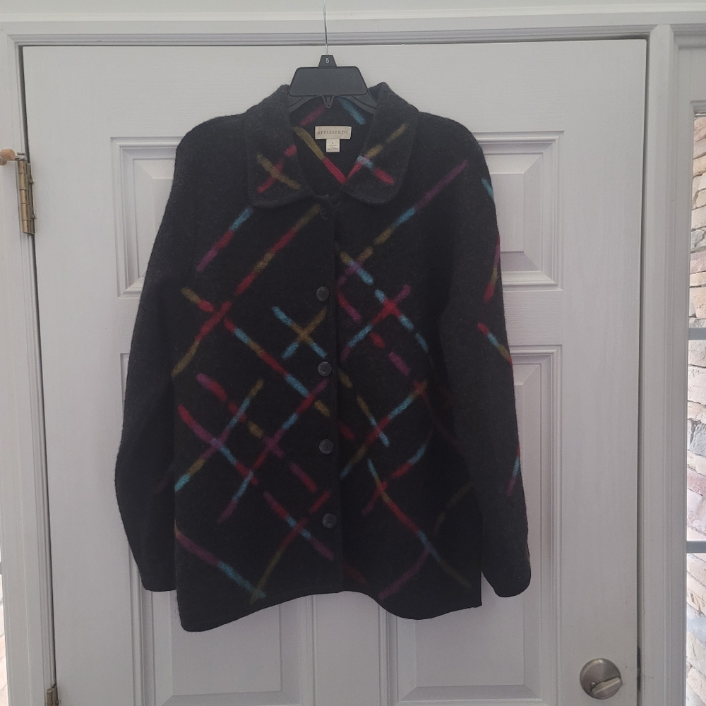 Appleseeds Gray Boiled Wool Cardigan Jacket  Size Large Multicolor Stripes
